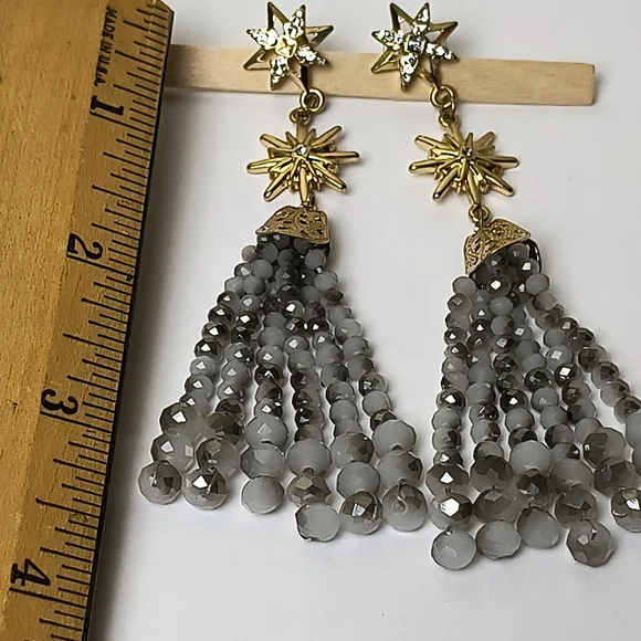 Gold Star Tassel Earrings with Gray Glass Beaded Strands - Picture 9 of 13